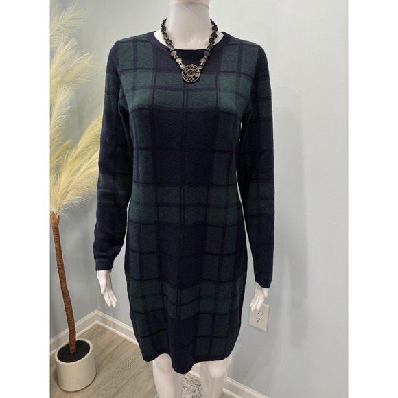 Tahari Plaid Sweater Dress L Green Navy Long Sleeve Knit Shift Preppy Academia - Picture 1 of 7